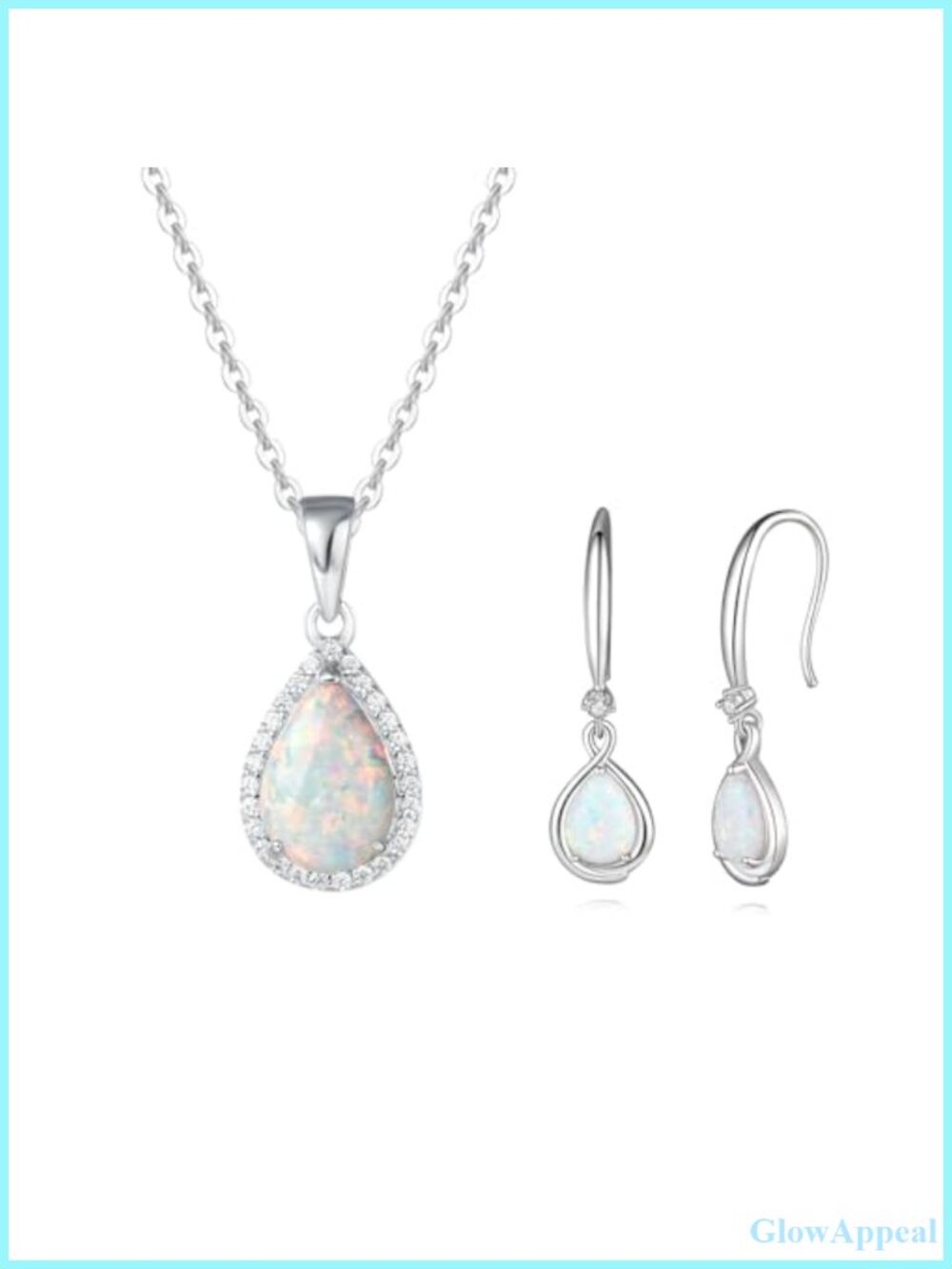Sterling Silver Created Opal CZ Teardrop Halo Necklace & Earrings Set